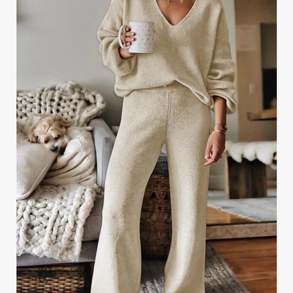 Amazon Cream Wide Leg Knit Pants Relaxed Fit